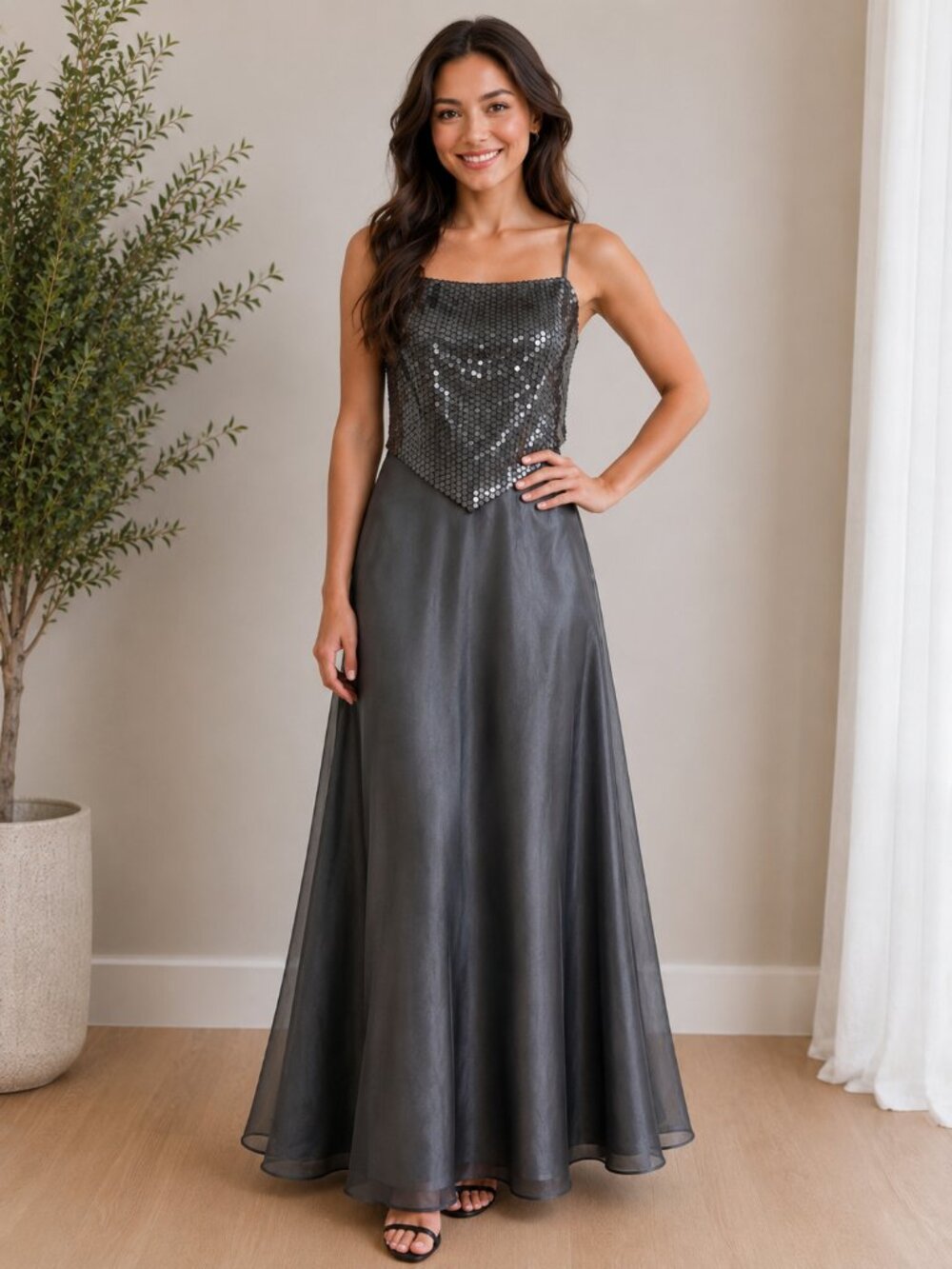 ✨ Vintage 1001 Nights Black overlay over Grey satin skirt Gray Sequin  Gown ✨